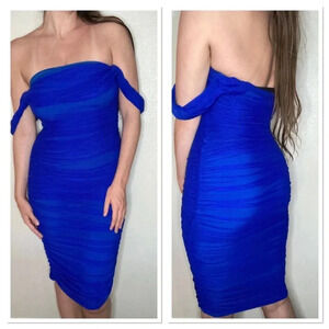 NWT Emprada Kat Royal Blue Mesh Off Shoulder Dress Size Medium